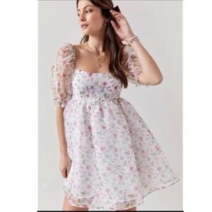 NWT Audrey Parks Women Dress Large White Floral Puff Sleeve Cottagecore Babydoll